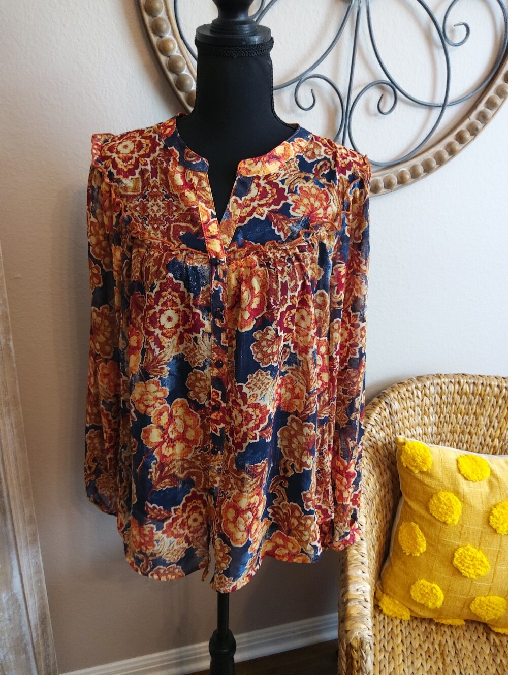 Figueroa & Flower Boho Navy Floral Button-Front Peasant Blouse